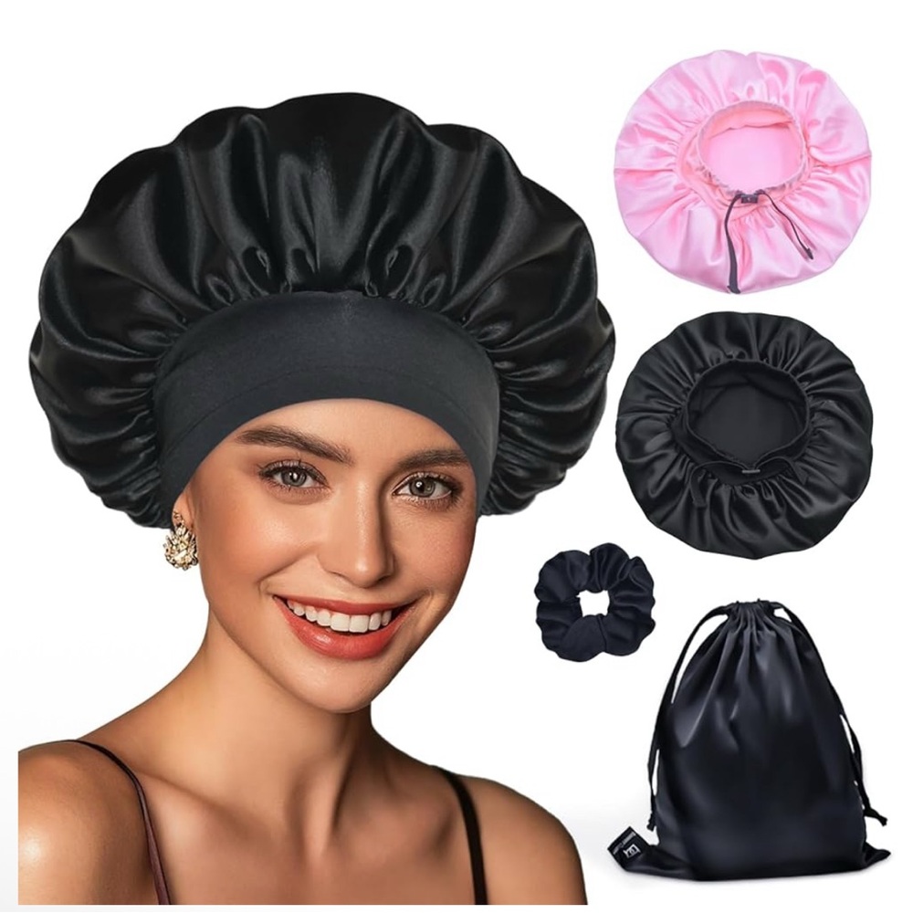 Satin Hair Bonnet Set - Black and Pink